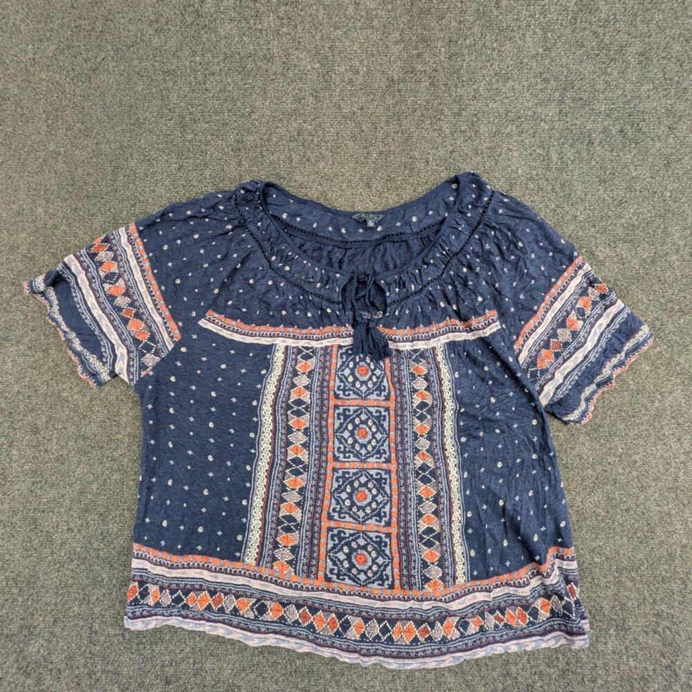 Lucky Brand Blouse Womens XL Navy Blue Boho Geometric Floral Peasant Top
